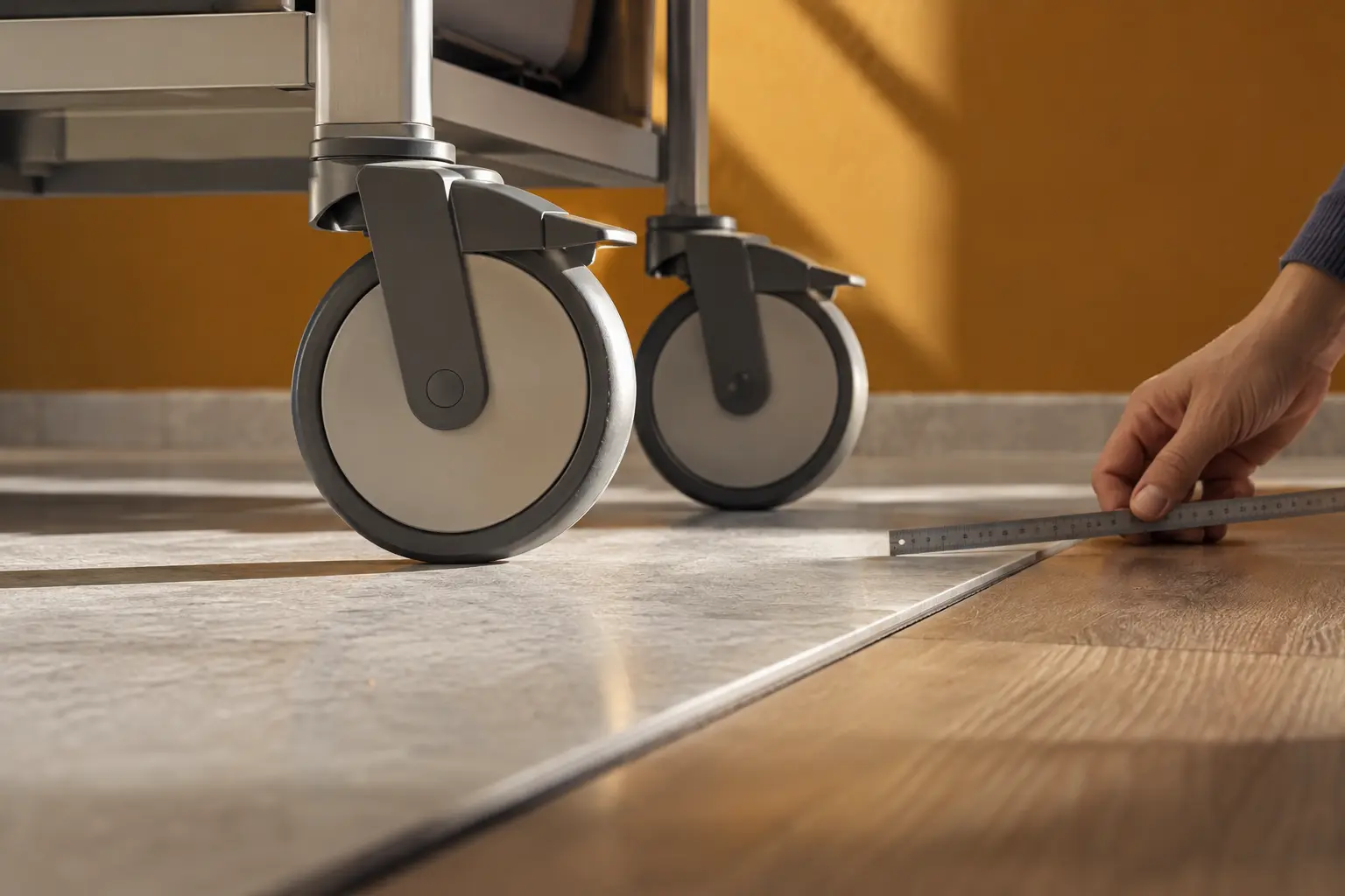 Iliustracinė vežimėlio ratukų ir grindų sandūros patikra